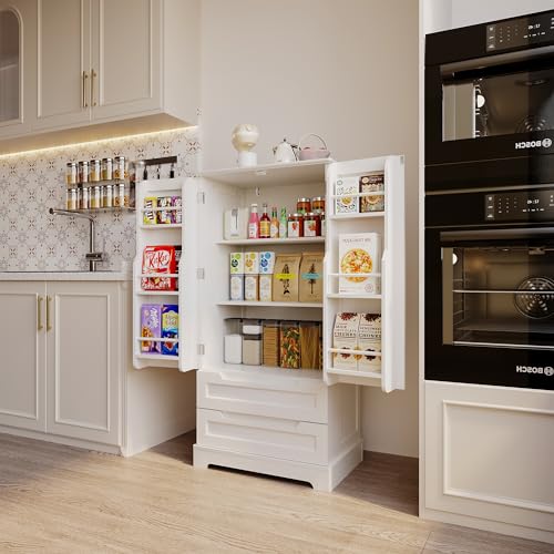 Gizoon 47" White Kitchen Pantry Storage Cabinet with Doors, Shelves, and Drawers for Organised Living - WoodArtSupply