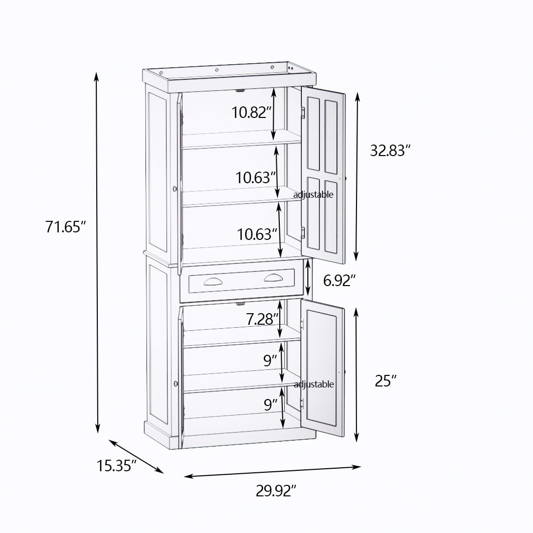 RASOO 72" Pantry Cabinets Freestanding Food Kitchen Pantry Storage Cabinet Cupboard with Drawer and Adjustable Shelves，White (Vertical bar Drawing Slot) - WoodArtSupply