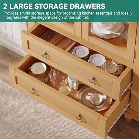 YITAHOME 73" Arched Pantry Cabinet with LED Lighting, 2 Drawers & Multi-Tier Shelves, Modern Farmhouse Kitchen Storage with Ambient Lighting for Dining Room, Natural YITAHOME