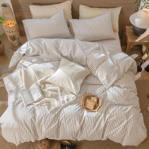 MooMee Striped Duvet Cover Set 100% Washed Cotton Linen Like Textured Breathable Durable Soft Comfy (Tannish Linen Grey White Classic Stripes, Queen 90"x90") MooMee