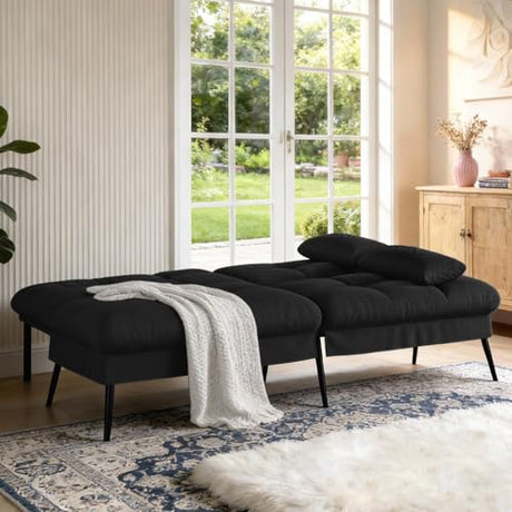COMHOMA 72″Futon Sofa Bed,Modern Convertible Sleeper Sofa, Fabric Futon Couch with Multi-Position Backrest for Living Room Furniture (Black) COMHOMA