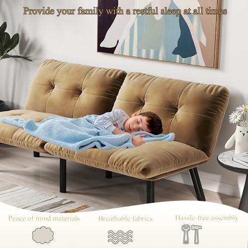 63" Convertible Futon Sofa Bed,Comfy Velvet Cloud Couch Bed with 4 Reclining Backrest,Modern Small Sleeper Loveseat for Living Room Home Office (Brown) Majnesvon