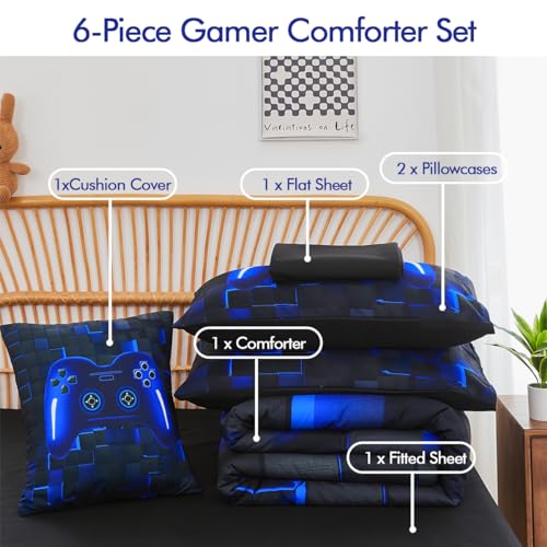 PERFEMET Twin Size Bed in A Bag 6 Pieces Gaming Bedding Set for Boys Blue Gamer Comforter with Sheet Set for Kids Teen Cool Video Game Black Quilt Bedding Set(Blue, Twin) PERFEMET