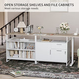 FEZIBO 66 Inch Executive L Shaped Standing Desk, Electric Height Adjustable Stand up Desk with 2-Drawer File Cabinet, Home Office Modern Wood Computer Desk with Shelves, White Frame/Light Walnut Top FEZIBO