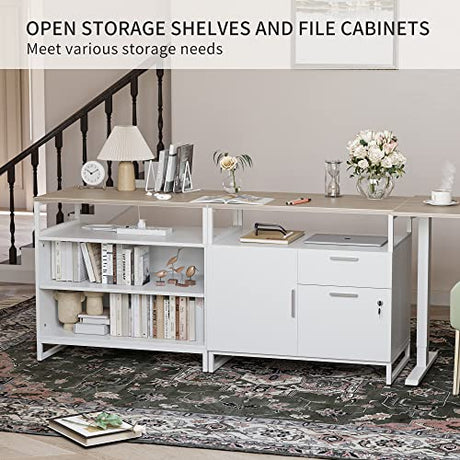 FEZIBO 66 Inch Executive L Shaped Standing Desk, Electric Height Adjustable Stand up Desk with 2-Drawer File Cabinet, Home Office Modern Wood Computer Desk with Shelves, White Frame/Light Walnut Top FEZIBO