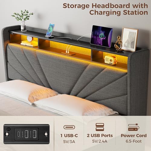 Rolanstar Queen Size Bed Frame, Storage Headboard with Charging Station and LED Lights, Upholstered Bed with Heavy Duty Wood Slats, No Box Spring Needed, Noise Free, Easy Assembly, Dark Grey Rolanstar