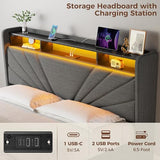 Rolanstar Queen Size Bed Frame, Storage Headboard with Charging Station and LED Lights, Upholstered Bed with Heavy Duty Wood Slats, No Box Spring Needed, Noise Free, Easy Assembly, Dark Grey Rolanstar