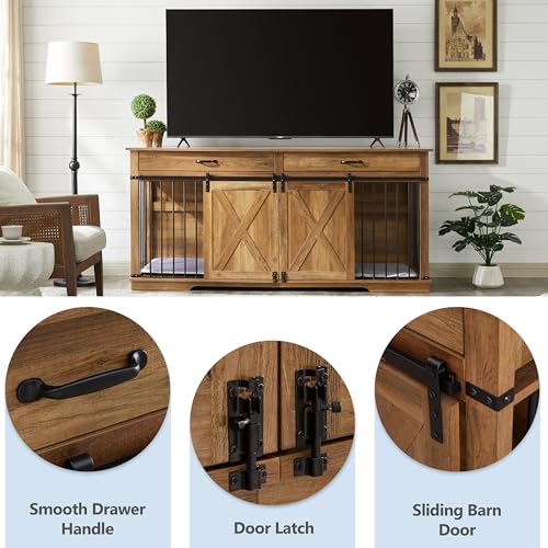 72.5" XXL Wooden Dog Crate Furniture for 2 Large Breeds, Extra Large Double Dog Kennel with Divider, Drawers & Barn Door, Water Resistant Furniture-Style Dog Cage, Rustic Oak EDYO LIVING