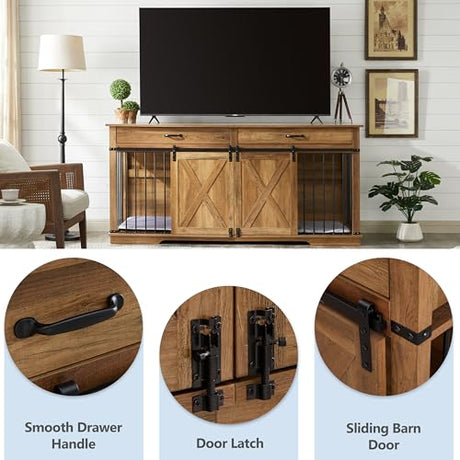 72.5" XXL Wooden Dog Crate Furniture for 2 Large Breeds, Extra Large Double Dog Kennel with Divider, Drawers & Barn Door, Water Resistant Furniture-Style Dog Cage, Rustic Oak EDYO LIVING