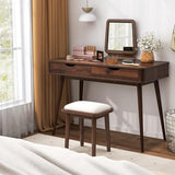 Tangkula Mid Century Desk with 2 Storage Drawers, Modern Writing Study Desk with Rubber Wood Legs, Versatile Home Office Study Desk for Small Space, Vanity Table for Bedroom (Walnut) Tangkula