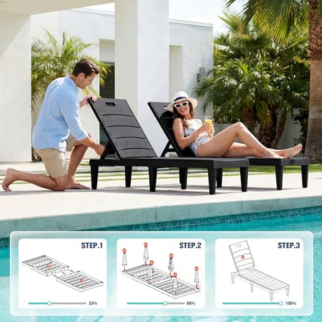 Devoko Outdoor Chaise Lounge Chair Set of 2 with 5-Position Adjustable Back, Waterproof & Lightweight PP Lounge Chairs for Outside Pool Patio (Black) Devoko