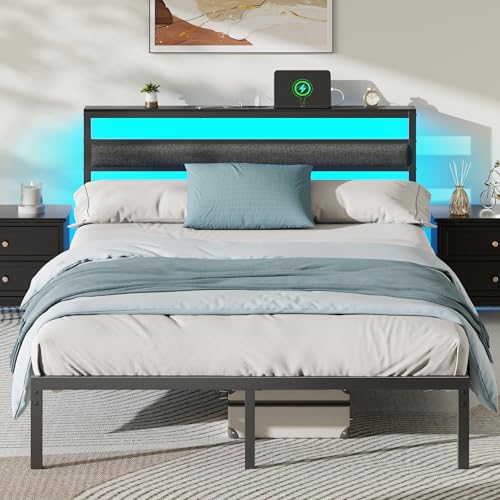 Ourpic Queen Bed Frame with Led Lights and Charging Station, Bed Queen Size Frame with Headboard and Under Bed Storage, Black Metal Platform Bedframe and Storage Shelf, Easy Install OURPIC