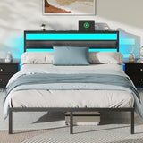Ourpic Queen Bed Frame with Led Lights and Charging Station, Bed Queen Size Frame with Headboard and Under Bed Storage, Black Metal Platform Bedframe and Storage Shelf, Easy Install OURPIC