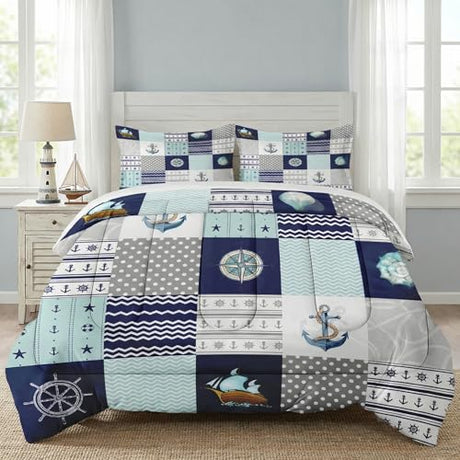 WeCozy Twin Size Comforter Set with Pillowcase, Nautical Blue Marine Summer 2 Pcs Bedding for Kids and Adults, Sea Ocean Boat Plaid Soft Comforter Set for Bedroom Bed Decor WeCozy