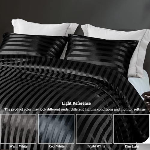 Whale Flotilla 3-Piece Reversible Silky Soft King Size Comforter Set, Luxury Stripe Satin Oversized Comforter Bedding Set with 2 Satin Pillowcases, Lightweight Duvet for All Seasons, Black Whale Flotilla