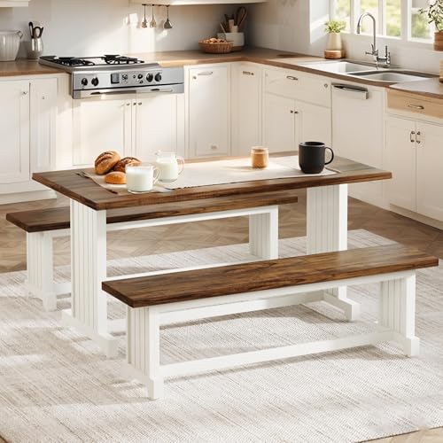 Tribesigns 47-Inch Small Dining Table Set for 2, 3-Piece Kitchen Table with 2 Benches, Farmhouse Wood Dinner Furniture for Narrow Space, Apartment, White & Rustic Brown Tribesigns