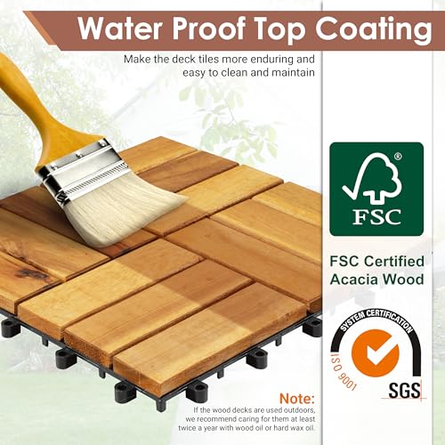 PrimeZone 54 PCS Solid Acacia Wood Interlocking Patio Deck Tiles - 12" x 12" Indoor Outdoor Waterproof Flooring Tiles for Balcony, Backyard, Garden & Poolside, All Weather Use, Natural Wood, Checker PrimeZone