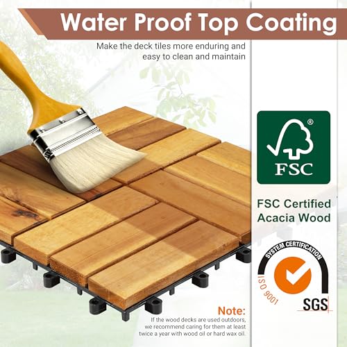 PrimeZone 54 PCS Solid Acacia Wood Interlocking Patio Deck Tiles - 12" x 12" Indoor Outdoor Waterproof Flooring Tiles for Balcony, Backyard, Garden & Poolside, All Weather Use, Natural Wood,  - WoodArtSupply