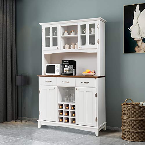 Giantex Buffet Hutch Cabinet, Kitchen Hutch Sideboard, Buffet Cabinet on Storage Island, Wood Kitchenware Server with 3 Large Drawers and 9 Wine Bottle Modules (White) Giantex