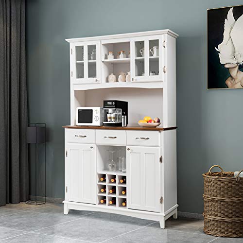 Giantex Buffet Hutch Cabinet, Kitchen Hutch Sideboard, Buffet Cabinet on Storage Island, Wood Kitchenware Server with 3 Large Drawers and 9 Wine Bottle Modules (White) - WoodArtSupply