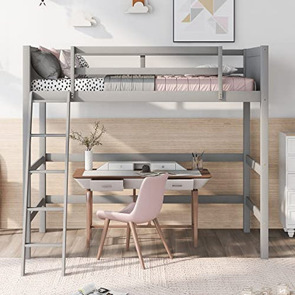 Harper & Bright Designs Grey Twin Loft Bed Frame with Angle Ladder and Full-Length Guardrails for Kids and Teens - WoodArtSupply