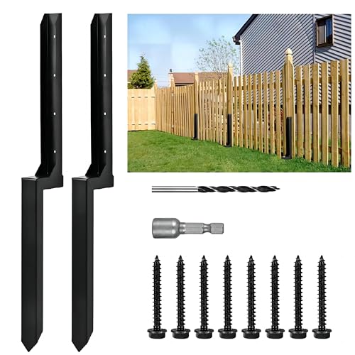 Fence Repair Stakes,Fence Post Repair Kit - Heavy Duty Steel Fence Post Repair Stake for Sloping or Damaged Wooden Fences (2-Pack/Black)