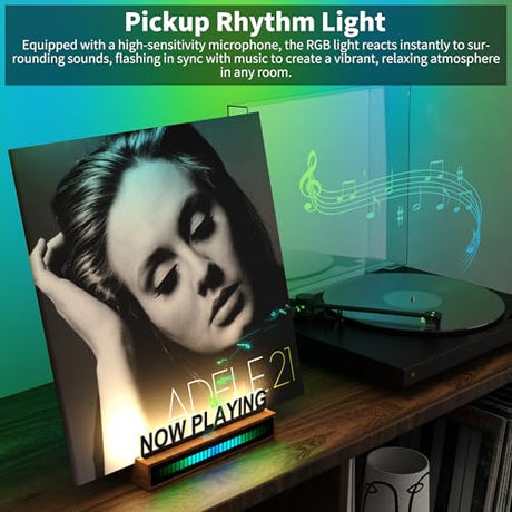 KORRTFID Now Playing Vinyl Record Stand, Light Up Vinyl Record Display Stand with RGB Sound Control Pickup Rhythm Lights Bar, Warm White Light with Fingerprint-Proof Acrylic Letters KORRTFID