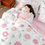 Feelyou Cute Flower 7 Piece Bedding Set Fresh Flower Floral Comforter Set with Sheets for Kids Boys Girls Nature Plants Bed in a Bag Pink Green Bed Set Soft Lightweight Feelyou