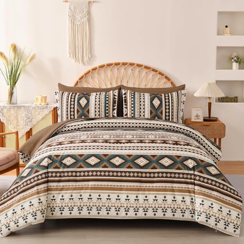 Dinjoy Brown Boho Comforter Set Queen Size,7 Pieces Bed in a Bag Queen Coffee Aztec Bedding Sets with Sheets Bohemian Geometric Striped Complete Set for Fall Winter 90"x90" Dinjoy