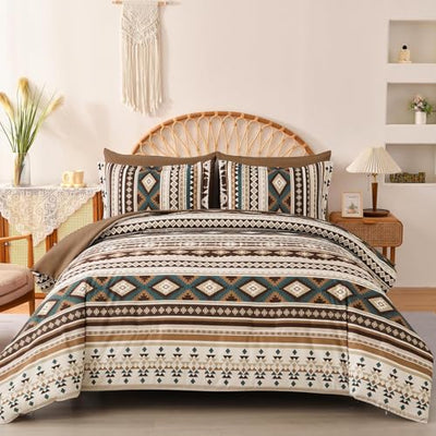 Dinjoy Brown Boho Comforter Set Queen Size,7 Pieces Bed in a Bag Queen Coffee Aztec Bedding Sets with Sheets Bohemian Geometric Striped Complete Set for Fall Winter 90"x90"