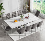 Goujxcy 11-Piece Extendable Dining Table Set for 10, 63-94.5" Faux Marble Kitchen Table Set with 10 Grey Tufted Chairs, Modern Expandable Dining Room Table for 6 8 10 with Mirrored Dual Column Base Goujxcy