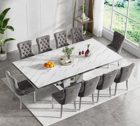 Goujxcy 11-Piece Extendable Dining Table Set for 10, 63-94.5" Faux Marble Kitchen Table Set with 10 Grey Tufted Chairs, Modern Expandable Dining Room Table for 6 8 10 with Mirrored Dual Column Base Goujxcy