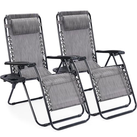 Sweetcrispy Zero Gravity Chairs, Set of 2 Portable Recliner Beach Camping Patio Outdoor Folding Lounge Chair with Cup Holder Trays and Adjustable Pillow for Poolside, Garden, Backyard, Lawn (Grey) Sweetcrispy