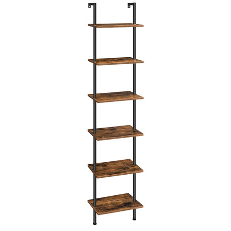 HOOBRO DIY Ladder Shelf, 6-Tier Wooden Wall Mounted Bookshelf, Narrow Bookcase, Display Shelf, Storage Rack, Plant Stand, for Living Room, Bedroom, Study, Balcony, Rustic Brown and Black BF651CJ01 HOOBRO