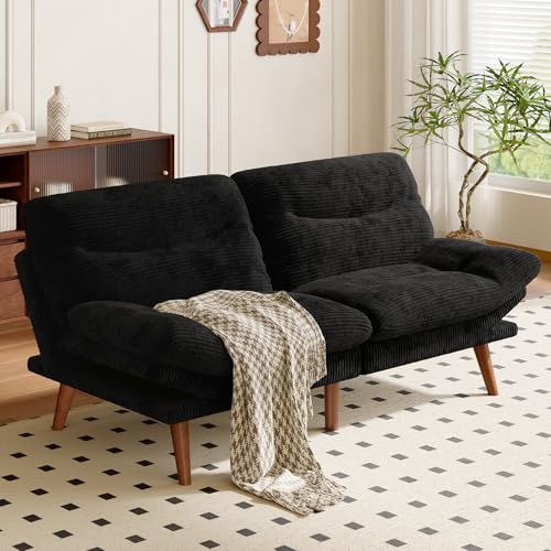 Amada 66" Convertible Futon Sofa Bed, Corduroy Folding Futon Set with Adjustable Backrest &Armrests, Recliner Lounge for Living Room, Apartment or Office, Solid Wood Frame, Loveseat Sofa - Black AMADA HOMEFURNISHING