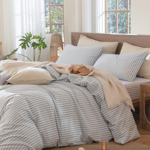 MooMee Striped Duvet Cover Set 100% Washed Cotton Linen Like Textured Breathable Durable Soft Comfy (Cornflower Blue White Classic Stripes, King 104"x90") MooMee