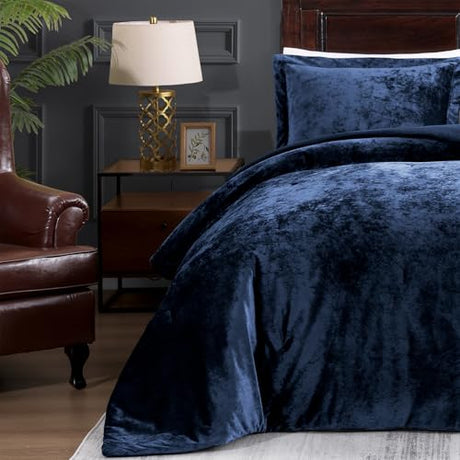 TAMGHO Navy Blue Velvet Comforter King Set 3pc, Blue Velvet Bedding King Size for All Seasons, 1 Comforter (108"x96") and 2 Pillow Shams (20"x36") TAMGHO
