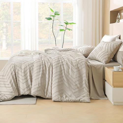 Litanika Queen Comforter Set with Sheets Beige - 7 Pieces Bed in a Bag Queen Chevron Tufted Complete Bedding Sets with Comforter, Sheets, Pillowcases & Shams Litanika