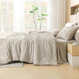 Litanika Queen Comforter Set with Sheets Beige - 7 Pieces Bed in a Bag Queen Chevron Tufted Complete Bedding Sets with Comforter, Sheets, Pillowcases & Shams Litanika