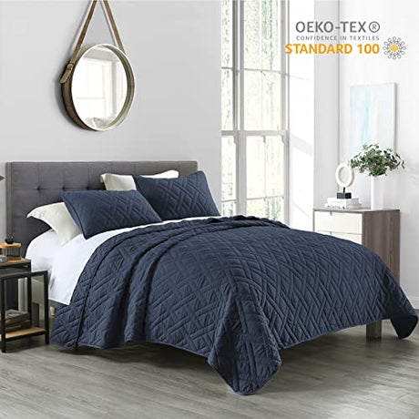 HORIMOTE HOME Quilt Set King Size Navy Blue, Classic Geometric Diamond Stitched Pattern, Ultra Soft Lightweight Bedspread Coverlet for All Season 3 Pieces(1 Quilt and 2 Pillow Shams) HORIMOTE HOME