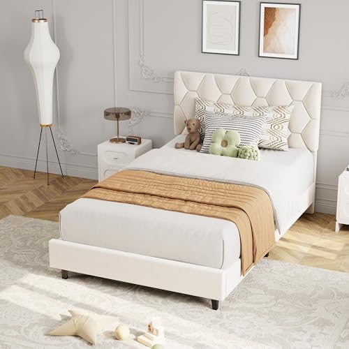 GAOMON Beige Twin Upholstered Bed Frame, Heavy-Duty Platform Bed Frame with Upholstered Headboard & Strong Wood Slats, No Box Spring Needed/Noise Free/Easy Assembly GAOMON