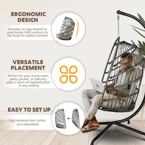 Chihee Egg Chair Foldable Wicker Rattan Hanging Swing Chair Indoor Outdoor Patio Wicker Chair Hammock Chairs with Stainless Steel Hanging Kit Chain Link UV Resistant Cushion Bedroom Balcony