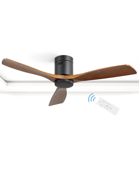 CACI Mall 52 Inch Flush Mount Wood Ceiling Fan without Light,Low Profile,Modern,6 Speed,3 Blades Timer,Remote Control,Quiet Reversible DC Motor for Berdrooms, Livingroom, Patios