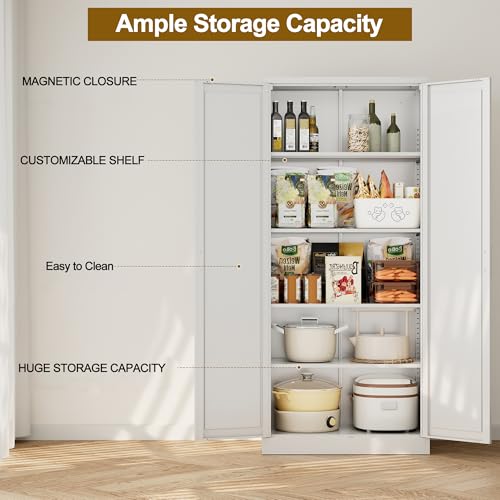 CJF White Kitchen Pantry Cabinet,71 Inch Tall Metal Storage Cabinet with 4 Adjustable Shelves and Doors, Freestanding Pantry Cabinet for Kitchen, Living Room, Dining Room, Bathroom, Easy to Assemble CJF