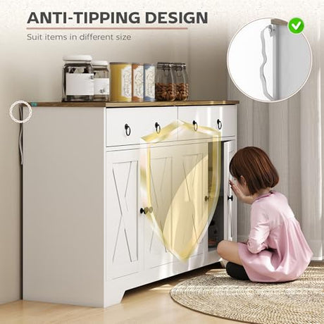 HOMCOM 48" Sideboard Buffet with Storage, Kitchen Storage Cabinet with 2 Drawers and 4 Barn Doors, Farmhouse Coffee Bar Cabinet with Adjustable Shelves, White HOMCOM