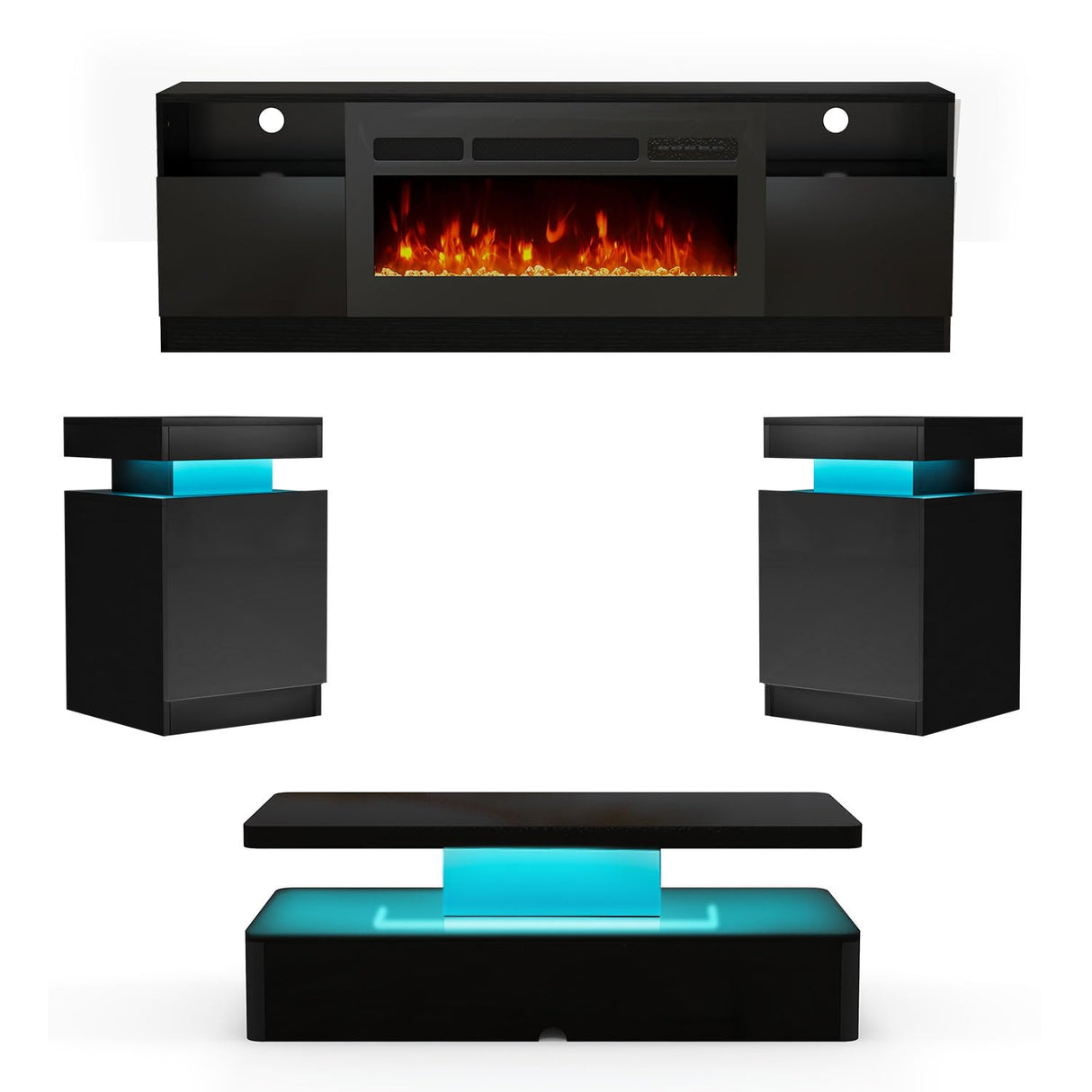 oneinmil 4-Piece Table Set Includes A Modern Coffee Table, A 70 Inch TV Stand with 36 Inch Electric Fireplace and 2 LED Light Nightstands, Elegant Black Tables for Living Room, Bedroom, Black oneinmil