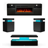 oneinmil 4-Piece Table Set Includes A Modern Coffee Table, A 70 Inch TV Stand with 36 Inch Electric Fireplace and 2 LED Light Nightstands, Elegant Black Tables for Living Room, Bedroom, Black oneinmil