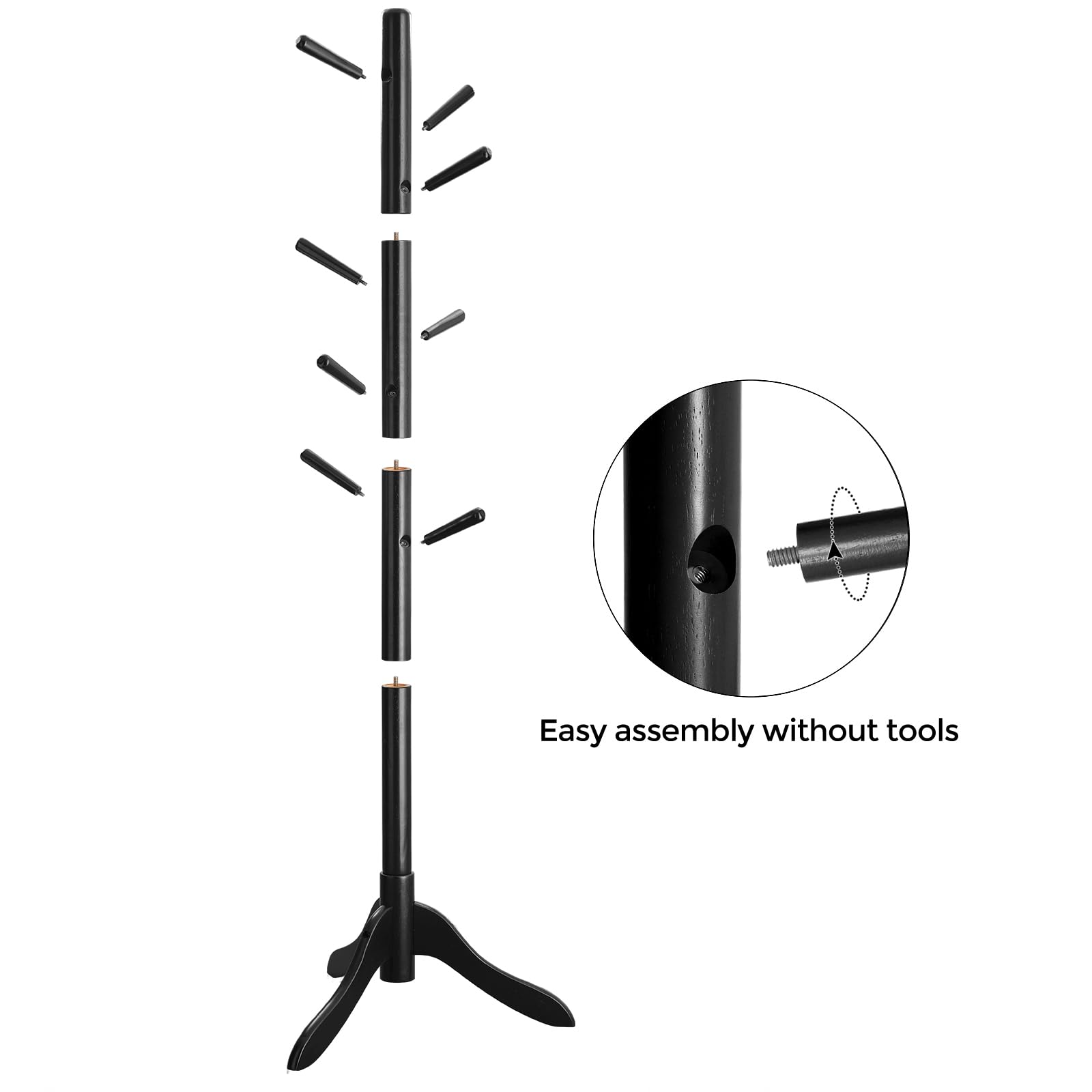 VASAGLE Solid Wood Coat Rack, Free Standing Coat Rack, Tree-Shaped Coat Rack with 8 Hooks, 3 Height Options, for Clothes, Hats, Bags, for Living Room, Bedroom, Home Office, Black URCR001B01 - WoodArtSupply