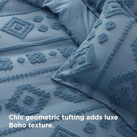 Bedsure Boho Duvet Cover King - Dusty Blue Tufted Boho Bedding, Farmhouse Shabby Chic Embroidery Bedding for All Seasons, 3 Pieces, 1 Soft Jacquard King Comforter Cover and 2 Pillow Shams Bedsure
