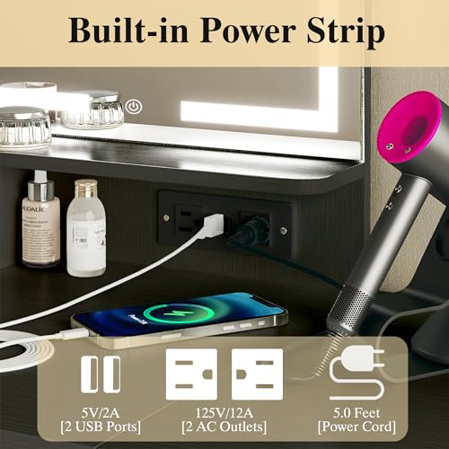 ALEXNUTRE Makeup Vanity Desk with Mirror and Lights, Small Vanity with Fabric Storage Drawer & Chair & Shelves, Vanity with Fold-up Panel and Power Outlet for Bedroom ALEXNUTRE